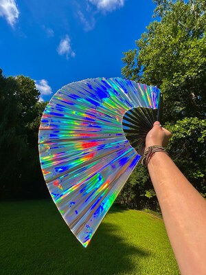 Holographic Hand Fan | Rave Fan | Iridescent Fan | Large Folding Fan | Clack Fan | Fairy Accessories | Bridesmaid Gifts | Fae Accessories - image1